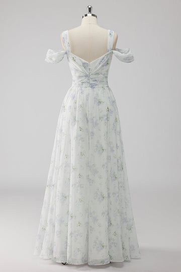 White Floral Cold Shoulder A Line Long Formal Dress with Slit